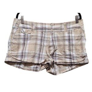 Plaid Beige & Brown Womens Shorts W/ Button Details & Pockets - Size S